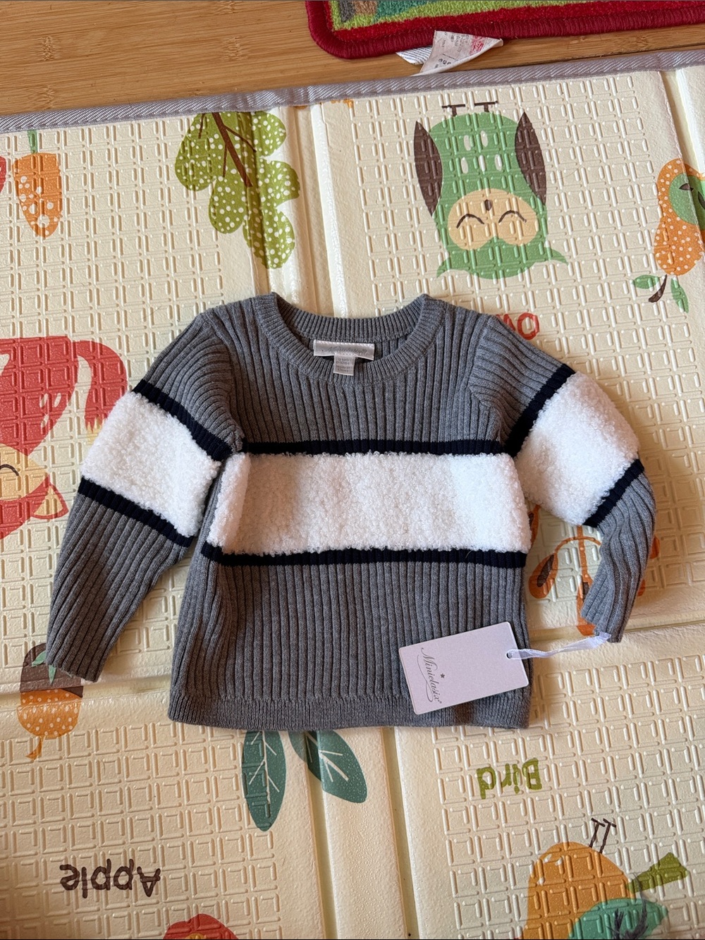 Gray Ribbed Sweater with White Fuzzy Stripe - baby